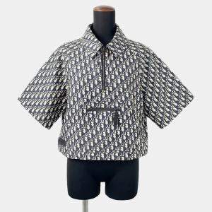 مملوكة مسبقًا Dior Oblique Technical Taffeta Jacquard Short Sleeve Anorak Size 36 Blue/Ecru Polyester