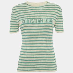 مملوكة مسبقًا بلوفر مضلّع مقلم أبيض/أخضر كريستيان ديور حياكة مقاس متوسط