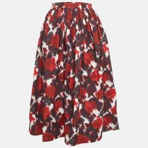 Pre Owned Christian Dior Red Printed Cotton Gathered Midi Skirt M