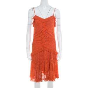 Dior Orange Perforated Lurex Knit Ruffled Sleeveless Dress L