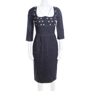 Dior Indigo Dark Wash Denim Bee Embellished Back Tie Detail Dress M