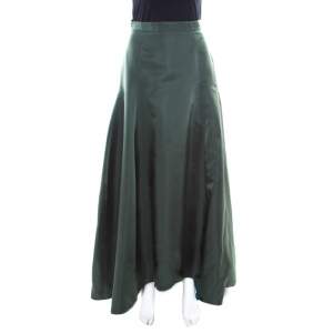 Dior Bottle Green Silk Satin Flared High Waist Maxi Skirt S