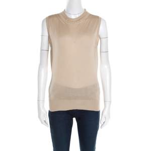 Christian Dior Beige Silk and Merino Blend High Collar Sleeveless Beaded Top L