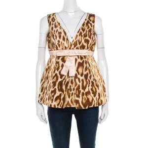 Dior Beige Animal Printed Bow Detail Peplum Wrap Top M