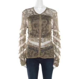 Dior Boutique Lace Olive Green Perforated Knit Lace Insert Buttoned Cardigan L