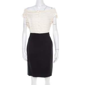Christian Dior Bicolor Pleated Silk Bodice Off Shoulder Pencil Dress L