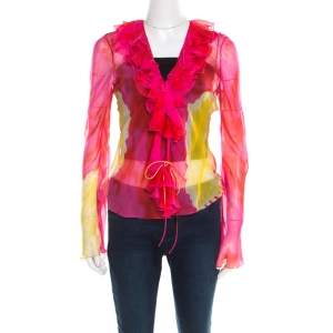 Christian Dior Pink and Yellow Printed Sheer Silk Wrap Top M