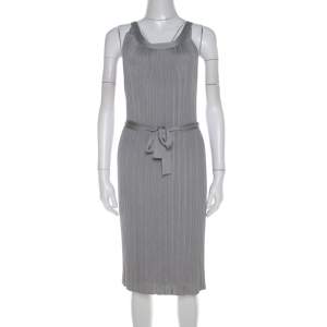 Dior Metallic Silver Lurex Knit Sleeveless Belted Dress M 