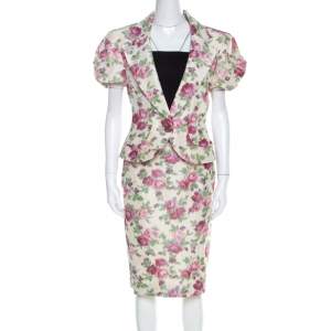 Christian Dior Beige Floral Print Silk Skirt Suit L