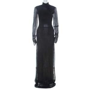 Dior Boutique Navy Blue Crochet and Lurex Knit Mandarin Collar Detail Maxi Dress M 