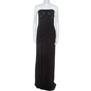 Dior Black Crepe Pleat Detail Embellished Strapless Gown M