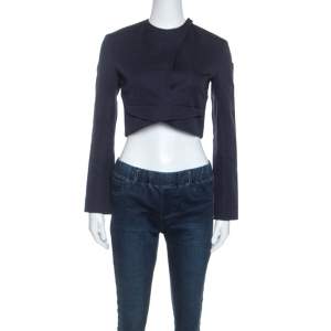 Dior Navy Blue Crepe Overlap Buttoned Cropped Blazer S