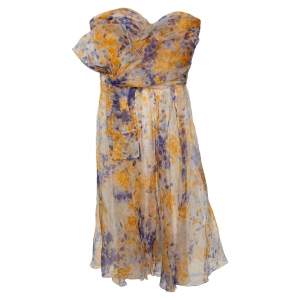 Dior Yellow Printed Silk Bow Detail Gathered Strapless Dress S
