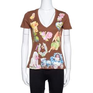 Dior Brown Logo Floral Print Cotton V-Neck Fitted T-Shirt L