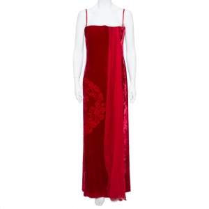 Christian Dior Boutique Red Devoré Velvet Chiffon Draped Gown XL