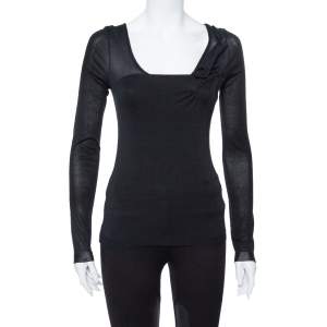 Dior Black Cotton & Silk Floral Detail Long Sleeve Top S