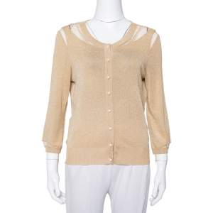 Christian Dior Gold Lurex Knit Bead Embellished Button Front Cardigan L