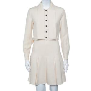 Christian Dior Cream Wool & Silk Collar Detail Pleated Belted Mini Dress S