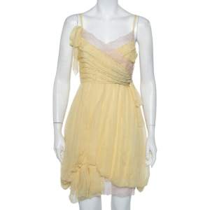 Christian Dior Yellow Embellished Silk Lace Detail Mini Dress S