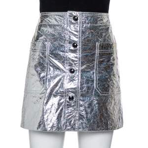 Christian Dior Metallic Silver Lambskin Button Front Mini Skirt S