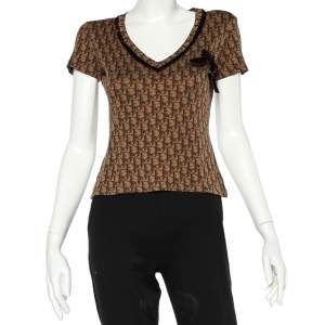 Christian Dior Brown Trotter Printed Cotton Bow Detail T-Shirt M