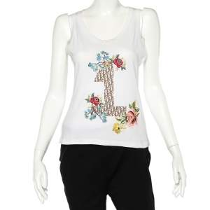 Christian Dior White Cotton Logo Printed Floral Embroidered Tank Top L 