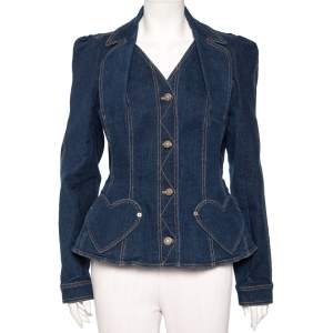 Christian Dior Navy Blue Floral Embroidered Denim Button Front Jacket L