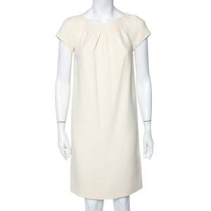 Christian Dior Cream Silk & Wool Pleated Neck Detail Shift Dress S