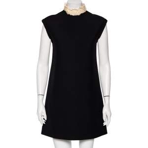 Christian Dior Black Wool Ruffled Lace Neck Trim Shift Dress M