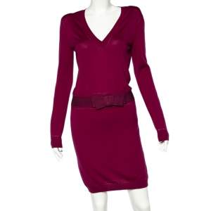 Christian Dior Magenta Cashmere & Silk Bow Trim Sweater Dress M