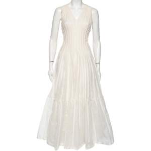 Dior Ivory Patterned Silk Knit Flared Sleeveless Gown S