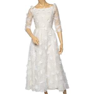 Christian Dior White Embroidered Cotton Floral Applique Detail Dress M