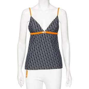 Christian Dior Vintage Navy Blue Logo Monogram Jersey Contrast Trim Camisole M