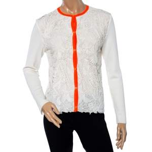 Dior Ivory Guipure Lace & Knit Contrast Neon Trim Cardigan M