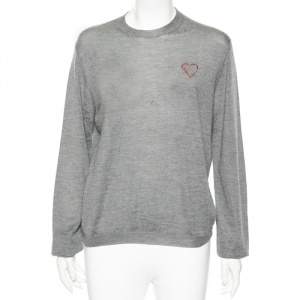 Dior Grey Cashmere Heart Logo Embroidered Long Sleeve Sweater L