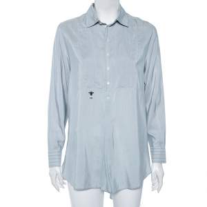 Dior Blue Silk Embroidered Bee Logo Detailed Buttoned Tunic S