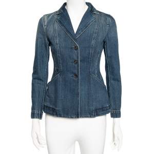Dior Blue Denim Embroidered Bee Detailed Button Front Blazer Jacket S