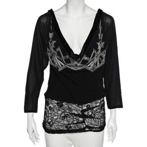 Dior Black Silk & Lace Trimmed Embellished Cowl Neck Top L