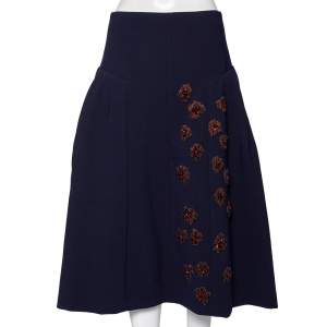 Dior Navy Blue Crepe Embroidered Embellished Midi Skirt M