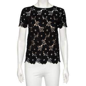Dior Black Floral Lace Knit Short Sleeve Top M