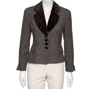 Dior Vintage Brown Tweed & Leopard Print Lapel Detail Jacket S
