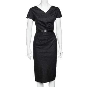 Christian Dior Charcoal Grey Wool Draped Detail Midi Dress S