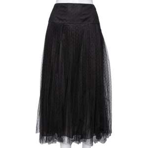 Dior Black Polka Dotted Tulle Pleated Midi Skirt L