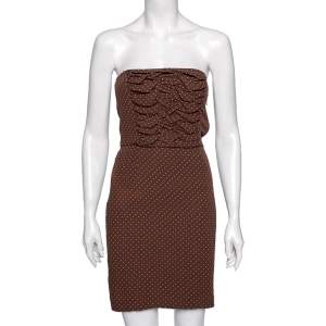 Dior Brown Polka Dot Print Silk Ruched Panel Detail Strapless Dress S