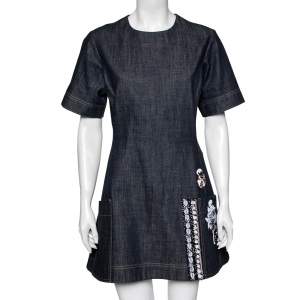 Dior Blue Denim Floral Embellished Short Sleeve Dress L
