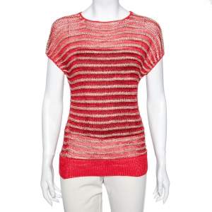 Dior Vintage Red & Gold Striped Lurex Knit Short Sleeve Top M