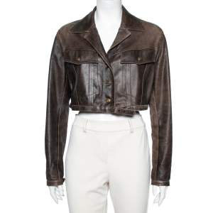 Dior Vintage Brown Leather Button Front Cropped Jacket L