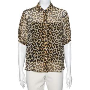 Dior Brown Leopard Printed Silk Puffed Short Sleeve Blouse L