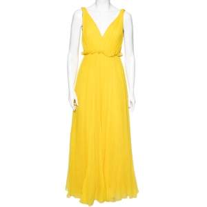 Christian Dior Yellow Silk Chiffon Plunge Neck Maxi Dress M