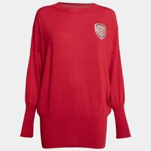 Dior Red Wool & Cashmere Fine Knit Crest Embellished Jumper M